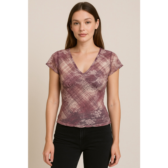 Sweet Lilac Mesh Lace Floral Top Y2K Romantic Grunge L - Picture 1 of 8